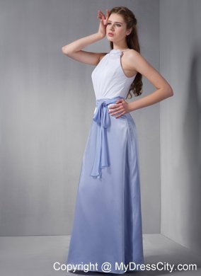 Lilac and White Column Bateau Floor-length Bridesmaid Dress with Sash