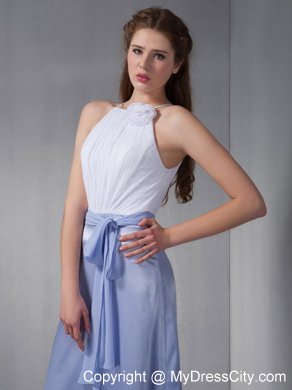 Lilac and White Column Bateau Floor-length Bridesmaid Dress with Sash