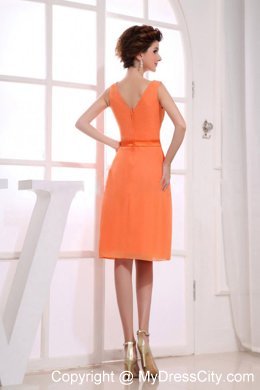 V-neck Ruched Orange Knee-length Dress for Bridesmaid