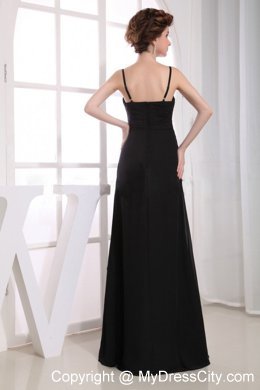 Long Ruched Spaghetti Straps Black Chiffon Bridesmaid Dress