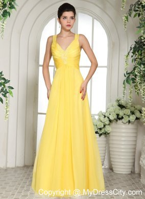 V-neck Ruches and Appliques Yellow Chiffon Bridesmaid Dress