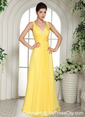 V-neck Ruches and Appliques Yellow Chiffon Bridesmaid Dress