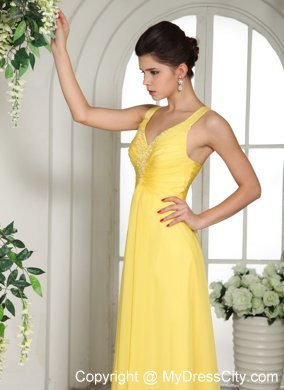 V-neck Ruches and Appliques Yellow Chiffon Bridesmaid Dress