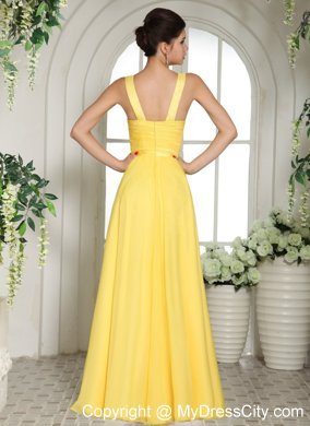 V-neck Ruches and Appliques Yellow Chiffon Bridesmaid Dress