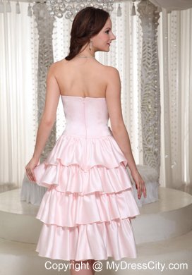 Tea-length Layered Ruffles Flowery Baby Pink Bridesmaid Dress