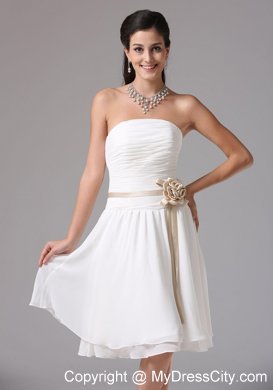 Knee-length Ruched White Bridesmaid Dress with Flower Sash