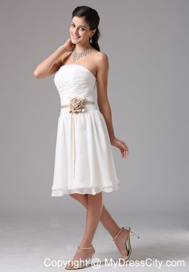 Knee-length Ruched White Bridesmaid Dress with Flower Sash