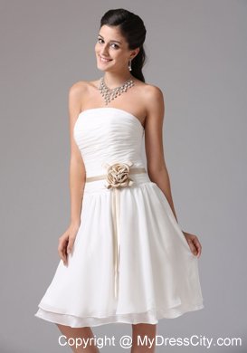 Knee-length Ruched White Bridesmaid Dress with Flower Sash