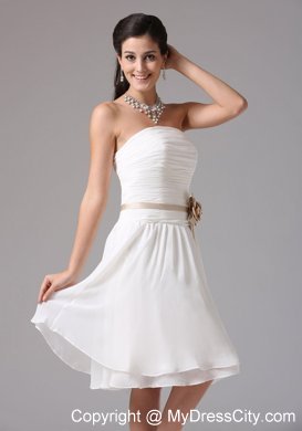 Knee-length Ruched White Bridesmaid Dress with Flower Sash