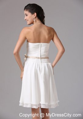 Knee-length Ruched White Bridesmaid Dress with Flower Sash