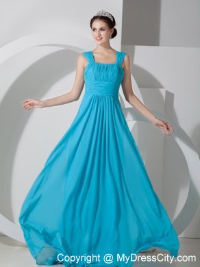 Straps Square Ruched Teal Chiffon Dress for Bridesmaid