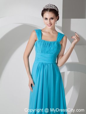 Straps Square Ruched Teal Chiffon Dress for Bridesmaid