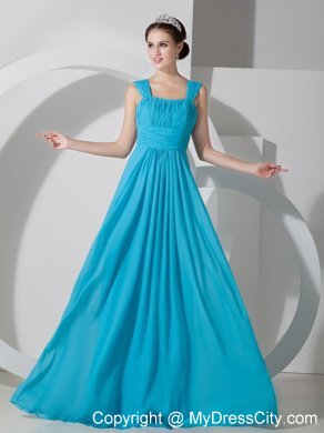 Straps Square Ruched Teal Chiffon Dress for Bridesmaid