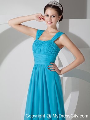 Straps Square Ruched Teal Chiffon Dress for Bridesmaid