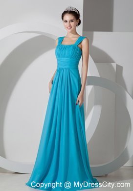 Straps Square Ruched Teal Chiffon Dress for Bridesmaid