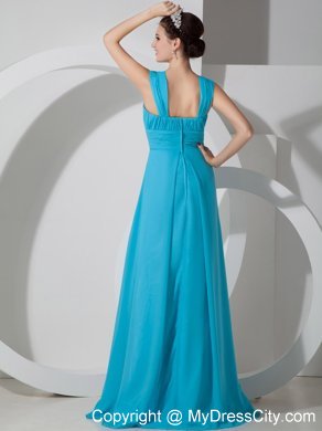 Straps Square Ruched Teal Chiffon Dress for Bridesmaid