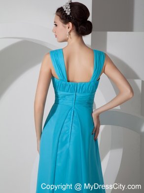 Straps Square Ruched Teal Chiffon Dress for Bridesmaid