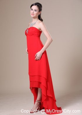 Ruched and Layered Red High-low Dress for Bridesmaid