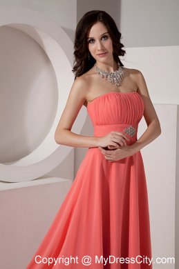 Ruched and Beaded Long Watermelon Chiffon Bridesmaid Dress