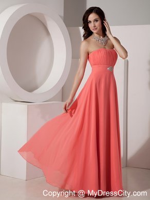 Ruched and Beaded Long Watermelon Chiffon Bridesmaid Dress