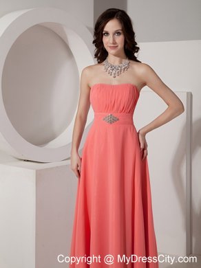 Ruched and Beaded Long Watermelon Chiffon Bridesmaid Dress