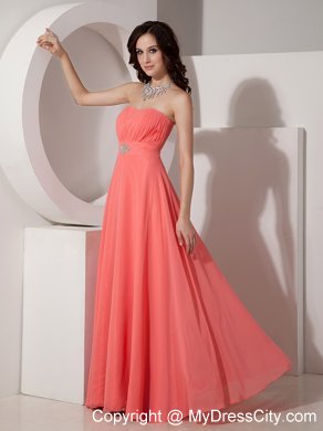 Ruched and Beaded Long Watermelon Chiffon Bridesmaid Dress