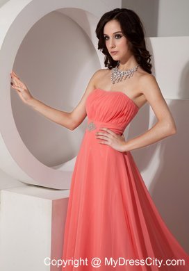 Ruched and Beaded Long Watermelon Chiffon Bridesmaid Dress