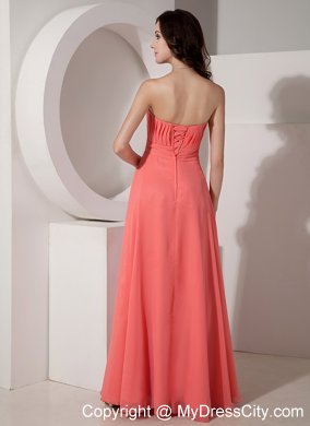 Ruched and Beaded Long Watermelon Chiffon Bridesmaid Dress