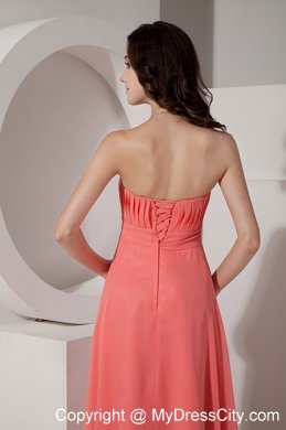 Ruched and Beaded Long Watermelon Chiffon Bridesmaid Dress