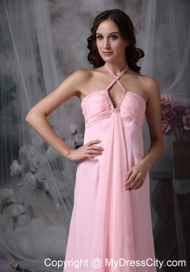 Long Empire Ruched Chiffon Beaded Halter Bridesmaid Dress