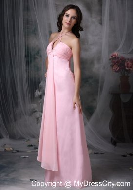 Long Empire Ruched Chiffon Beaded Halter Bridesmaid Dress