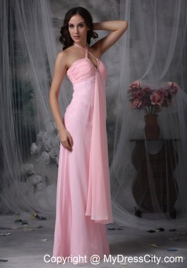 Long Empire Ruched Chiffon Beaded Halter Bridesmaid Dress