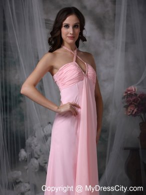 Long Empire Ruched Chiffon Beaded Halter Bridesmaid Dress