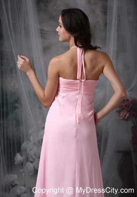 Long Empire Ruched Chiffon Beaded Halter Bridesmaid Dress