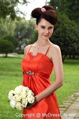 Ruches Spaghetti Straps Orange Bridesmaid Dress with Beaded Belt