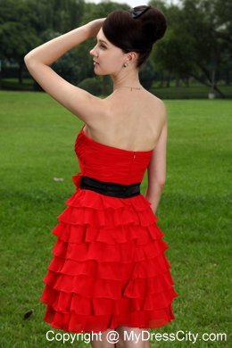 Ruched Sweetheart Layers Red Bridesmaid Dress with Black Belt