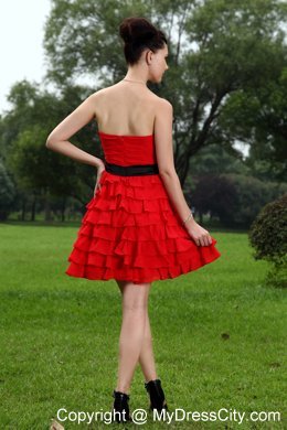 Ruched Sweetheart Layers Red Bridesmaid Dress with Black Belt