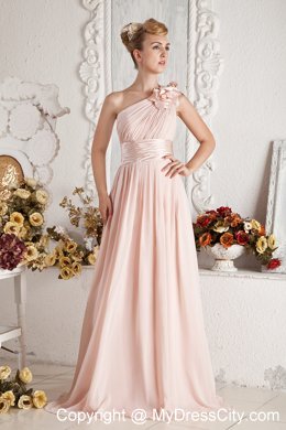 Flowers Decorate Single Shoulder Sweep Train Ruched Bridesmaid Dress