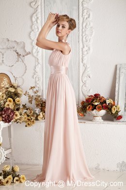 Flowers Decorate Single Shoulder Sweep Train Ruched Bridesmaid Dress