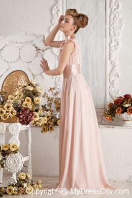 Flowers Decorate Single Shoulder Sweep Train Ruched Bridesmaid Dress