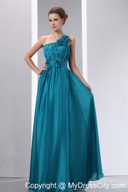 Teal Ruched Bridesmaid Dress with Flower Decorate One Shoulder