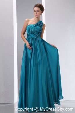 Teal Ruched Bridesmaid Dress with Flower Decorate One Shoulder