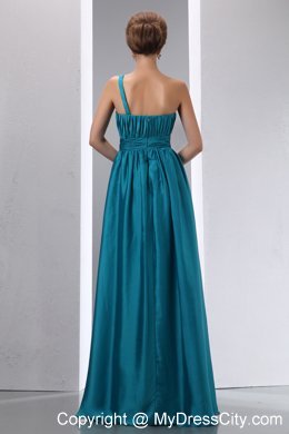 Teal Ruched Bridesmaid Dress with Flower Decorate One Shoulder