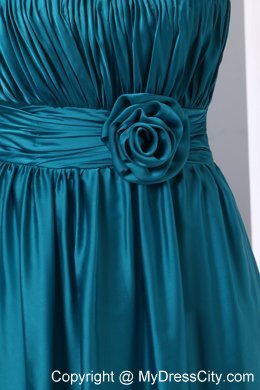 Teal Ruched Bridesmaid Dress with Flower Decorate One Shoulder