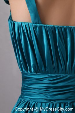 Teal Ruched Bridesmaid Dress with Flower Decorate One Shoulder