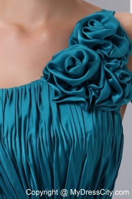 Teal Ruched Bridesmaid Dress with Flower Decorate One Shoulder