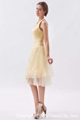 Halter V-neck Ruched Champagne Dress for Bridesmaid