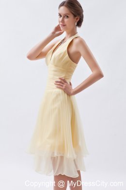 Halter V-neck Ruched Champagne Dress for Bridesmaid