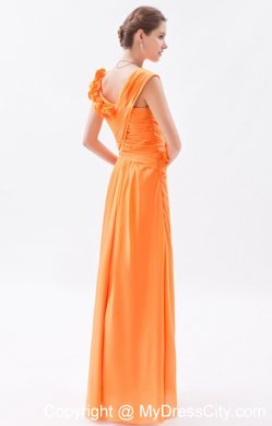 Orange Asymmetrical Ruched and Flower Long Bridesmaid Dress