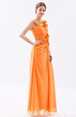 Orange Asymmetrical Ruched and Flower Long Bridesmaid Dress